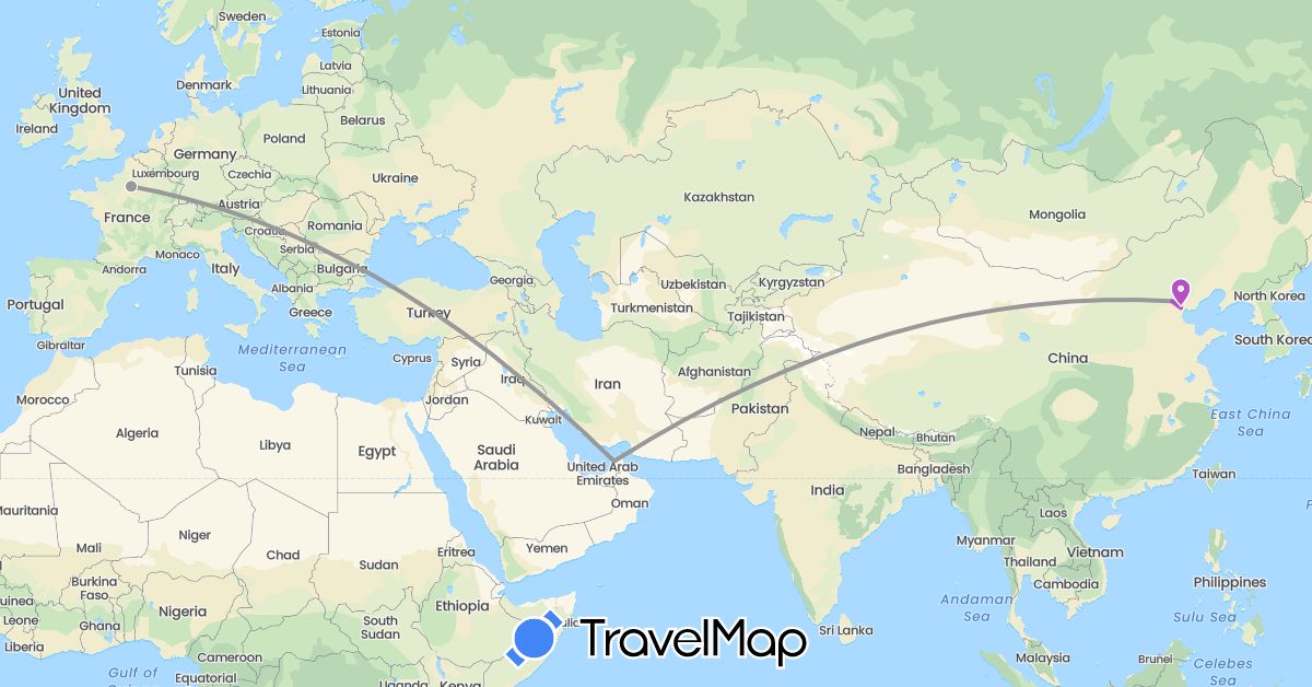 TravelMap itinerary: plane, train in United Arab Emirates, China, France (Asia, Europe)